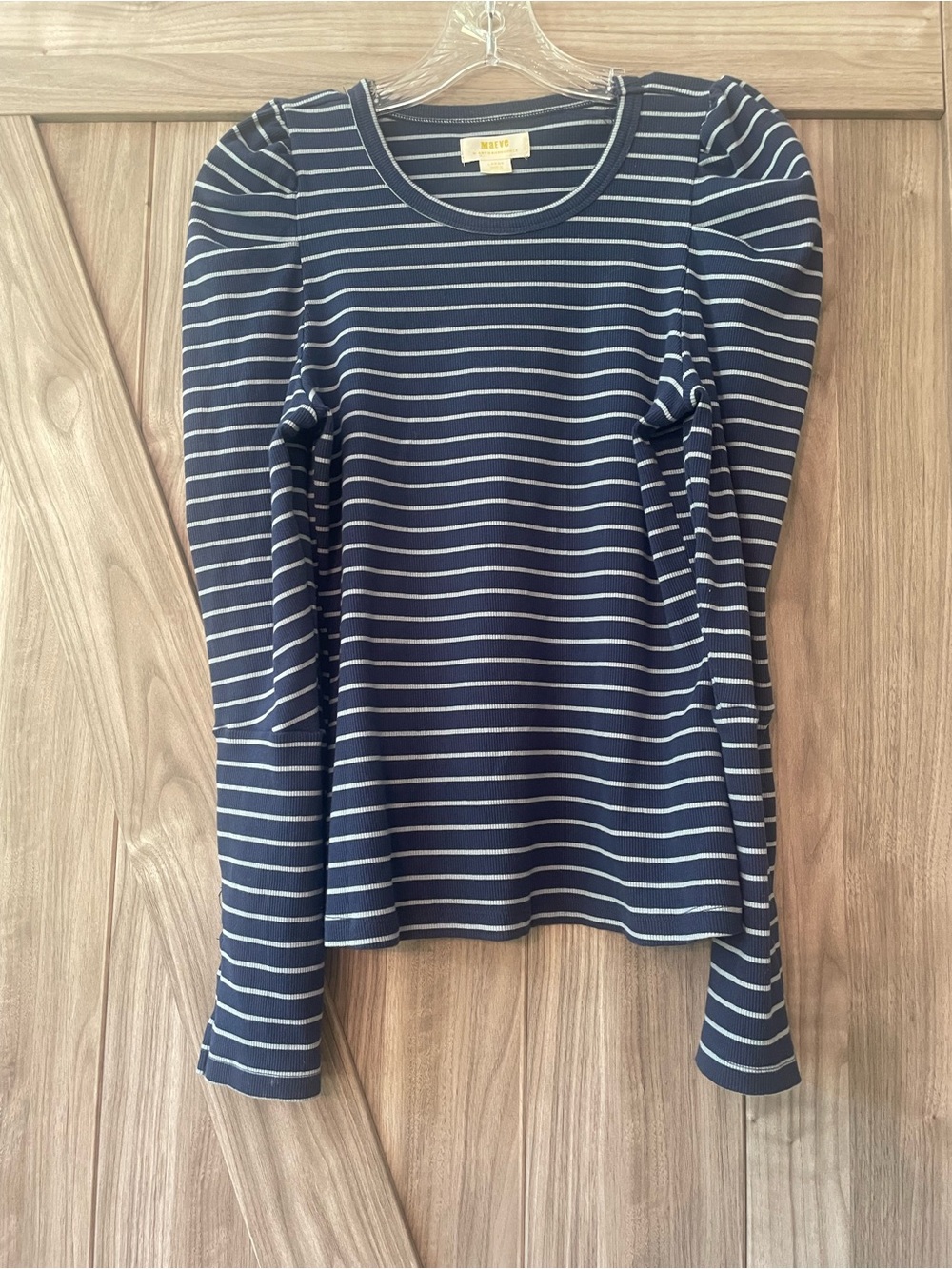 Anthropologie Maeve Navy Striped Long-Sleeve Puff Shoulder Top